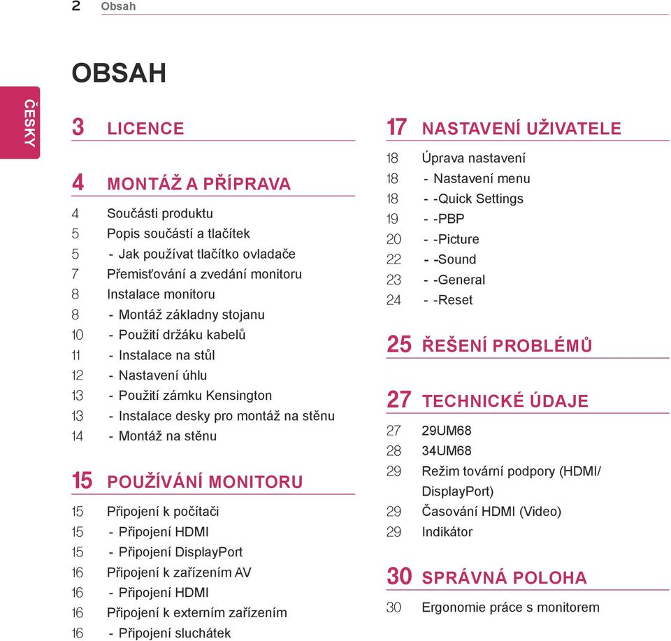 MONITORU 15 Připojení k počítači 15 - Připojení HDMI 15 - Připojení DisplayPort 16 Připojení k zařízením AV 16 - Připojení HDMI 16 Připojení k externím zařízením 16 - Připojení sluchátek 17 NASTAVENÍ