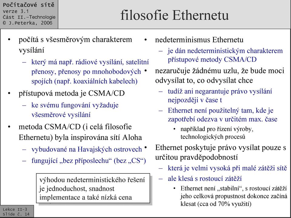 dán nedeterministickým charakterem přístupové metody CSMA/CD nezaručuje žádnému uzlu, že bude moci odvysílat to, co odvysílat chce tudíž ani negarantuje právo vysílání nejpozději v čase t Ethernet