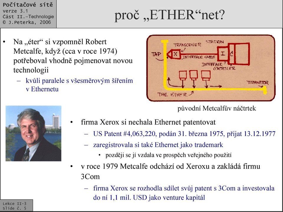 v Ethernetu původní Metcalfův náčtrtek Slide č. 5 firma Xerox si nechala Ethernet patentovat US Patent #4,063,220, podán 31.