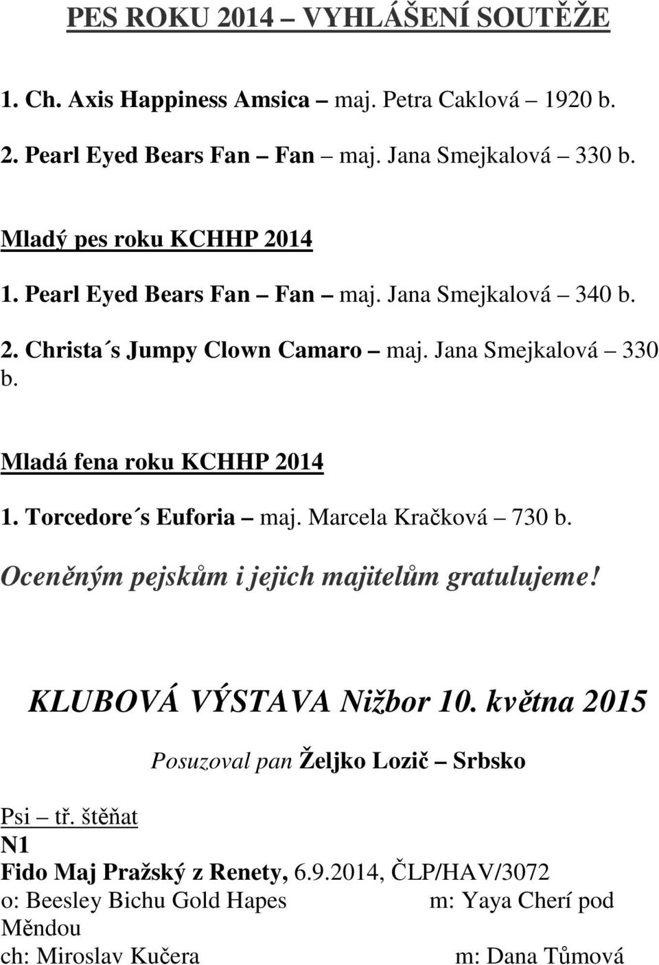 Mladá fena roku KCHHP 2014 1. Torcedore s Euforia maj. Marcela Kračková 730 b. Oceněným pejskům i jejich majitelům gratulujeme! KLUBOVÁ VÝSTAVA Nižbor 10.