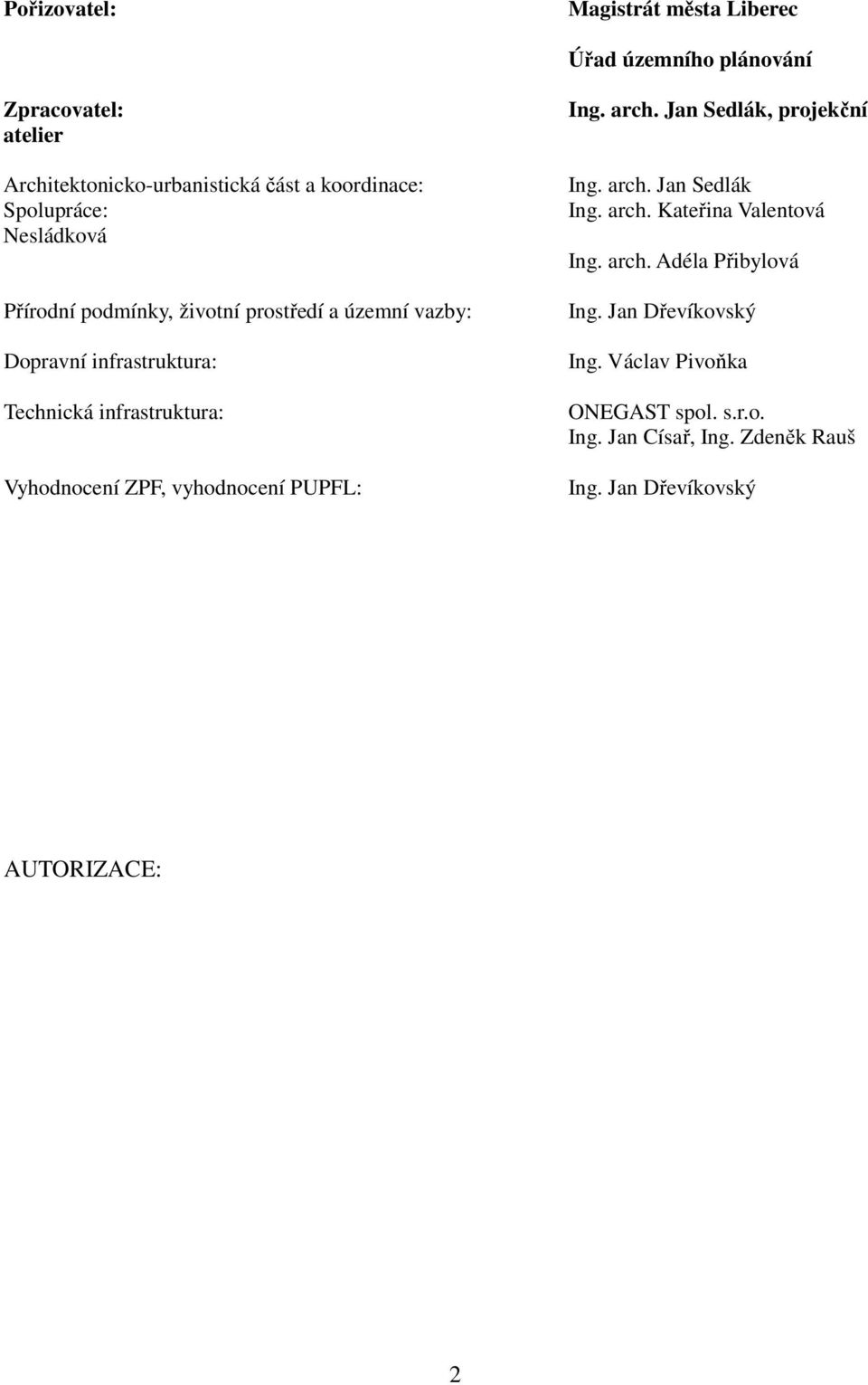 Vyhodnocení ZPF, vyhodnocení PUPFL: Ing. arch. Jan Sedlák, projekční Ing. arch. Jan Sedlák Ing. arch. Kateřina Valentová Ing. arch. Adéla Přibylová Ing.