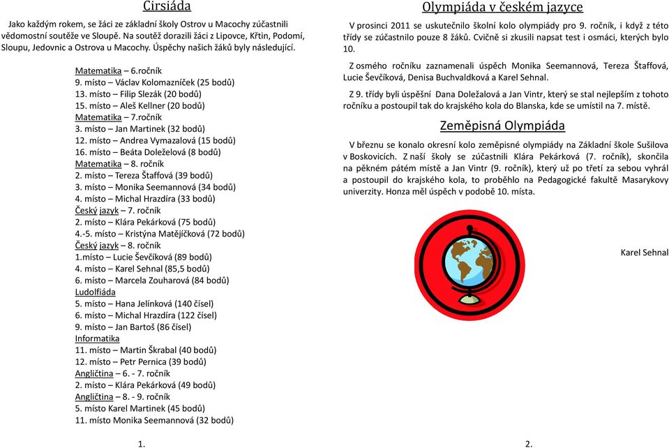 místo Jan Martinek (32 bodů) 12. místo Andrea Vymazalová (15 bodů) 16. místo Beáta Doleželová (8 bodů) Matematika 8. ročník 2. místo Tereza Štaffová (39 bodů) 3. místo Monika Seemannová (34 bodů) 4.