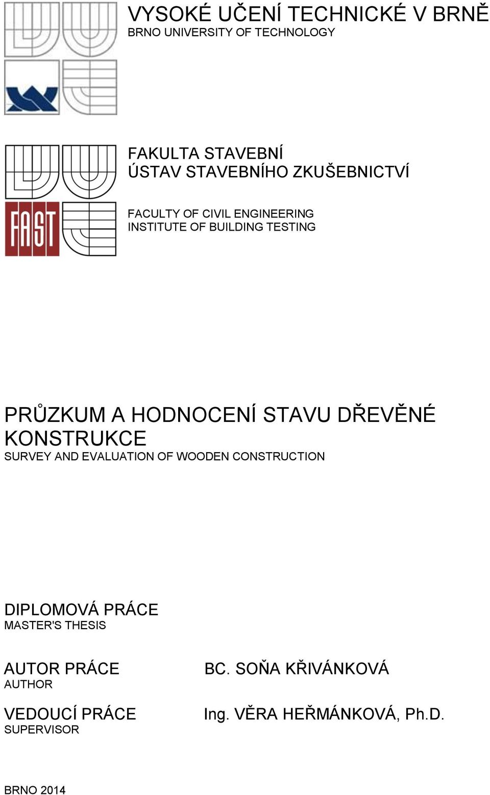 DŘEVĚNÉ KONSTRUKCE SURVEY AND EVALUATION OF WOODEN CONSTRUCTION DIPLOMOVÁ PRÁCE MASTER'S THESIS