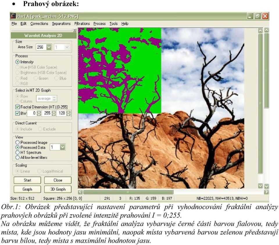 při zvolené intenzitě prahování I = 0;255.