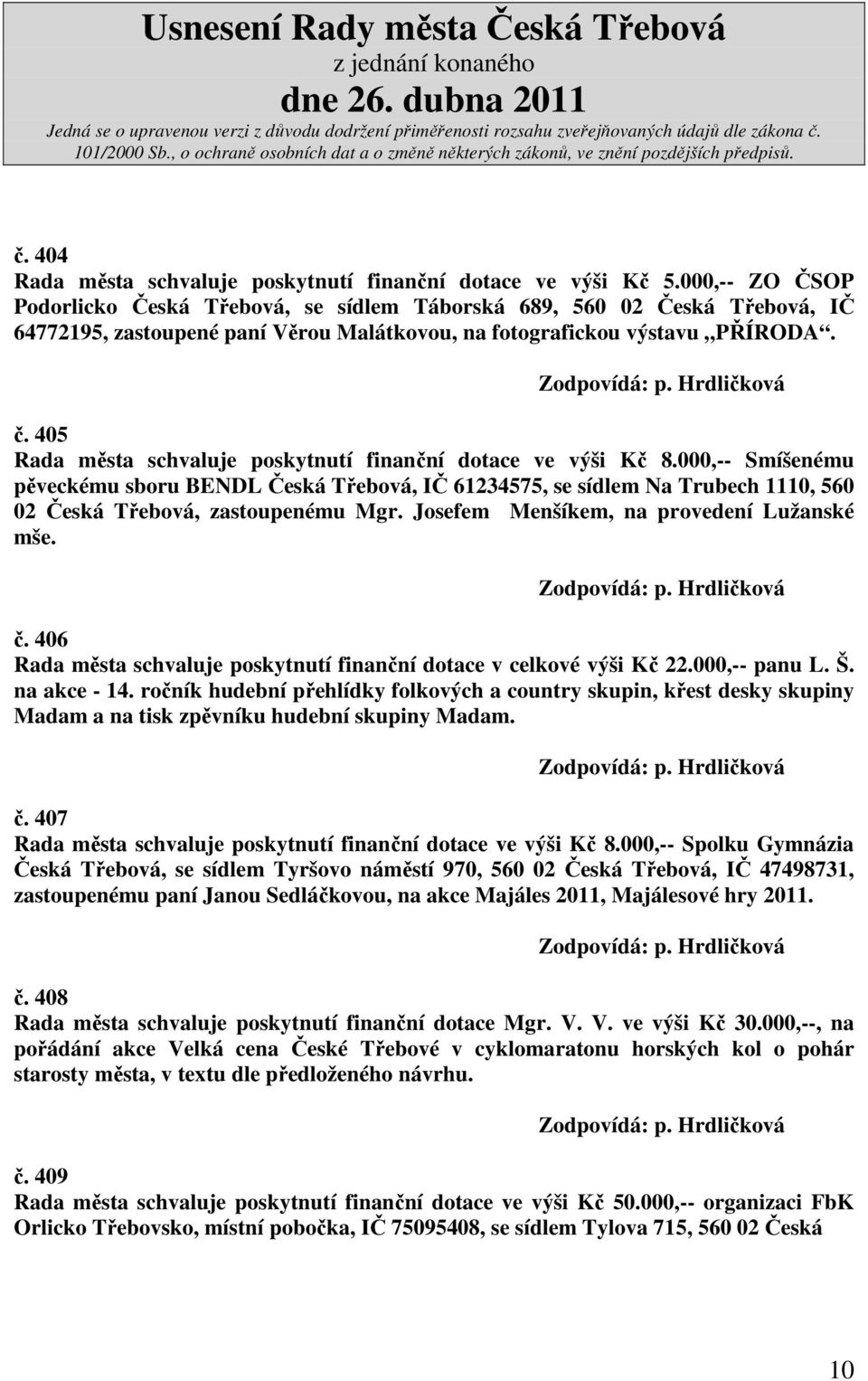 405 Rada města schvaluje poskytnutí finanční dotace ve výši Kč 8.000,-- Smíšenému pěveckému sboru BENDL Česká Třebová, IČ 61234575, se sídlem Na Trubech 1110, 560 02 Česká Třebová, zastoupenému Mgr.