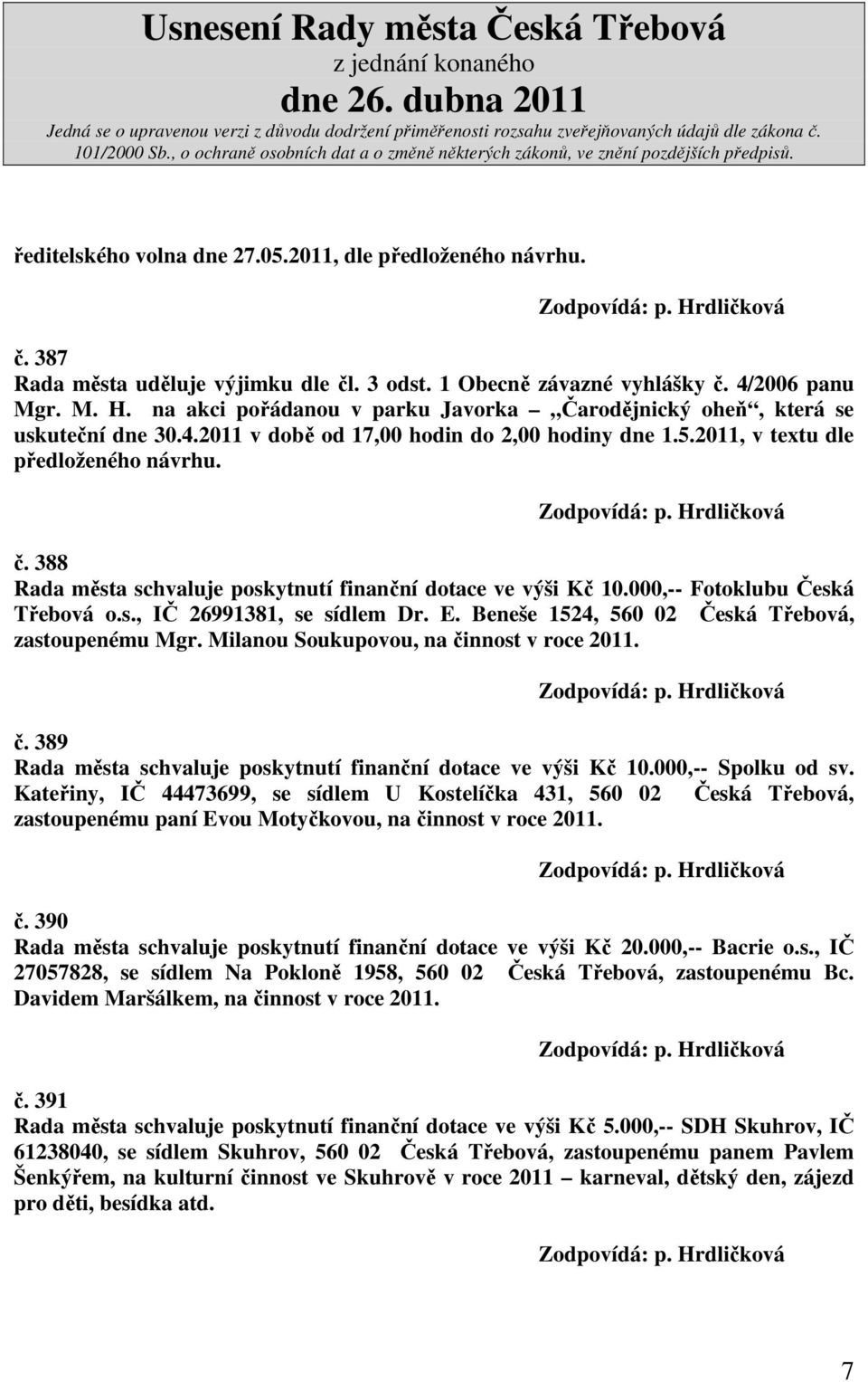 388 Rada města schvaluje poskytnutí finanční dotace ve výši Kč 10.000,-- Fotoklubu Česká Třebová o.s., IČ 26991381, se sídlem Dr. E. Beneše 1524, 560 02 Česká Třebová, zastoupenému Mgr.