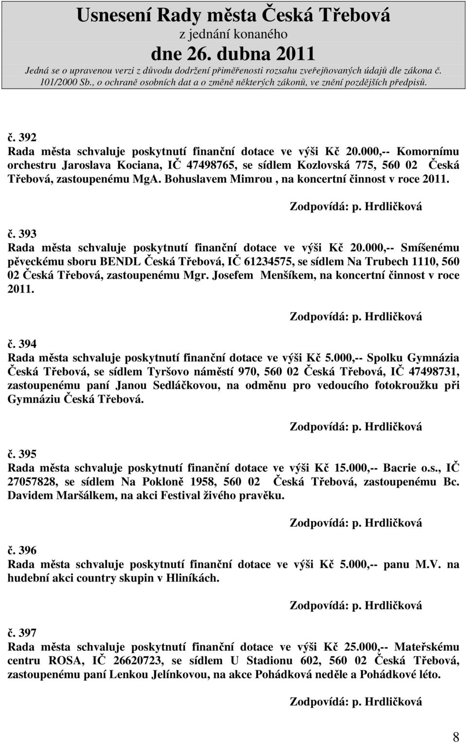 000,-- Smíšenému pěveckému sboru BENDL Česká Třebová, IČ 61234575, se sídlem Na Trubech 1110, 560 02 Česká Třebová, zastoupenému Mgr. Josefem Menšíkem, na koncertní či