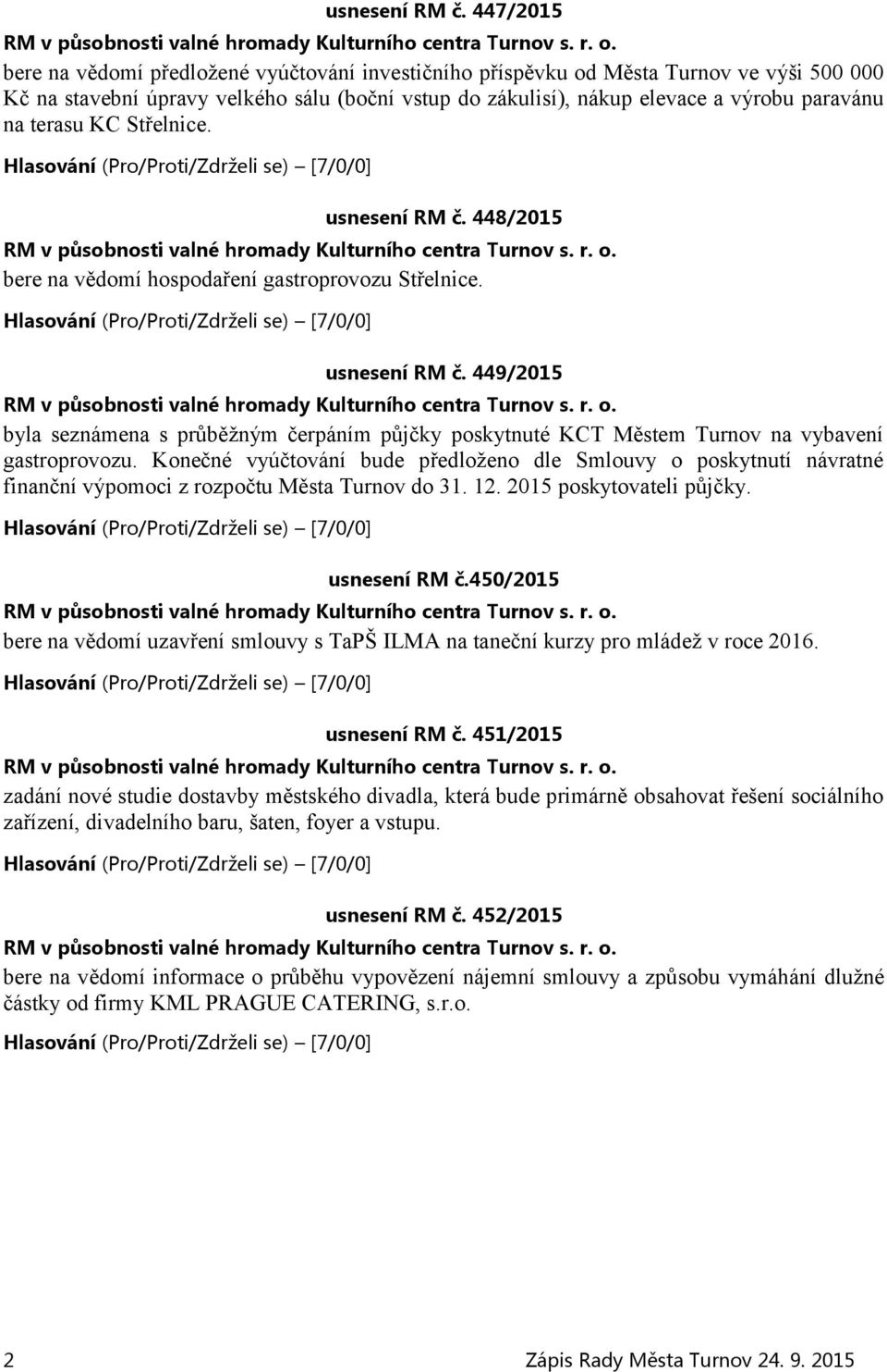 terasu KC Střelnice.  448/2015 bere na vědomí hospodaření gastroprovozu Střelnice.  449/2015 byla seznámena s průběžným čerpáním půjčky poskytnuté KCT Městem Turnov na vybavení gastroprovozu.