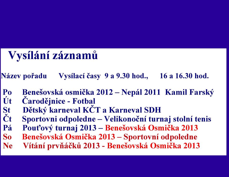 Benešovská osmička 2012 Nepál 2011 Kamil Farský Čarodějnice - Fotbal Dětský karneval KČT a