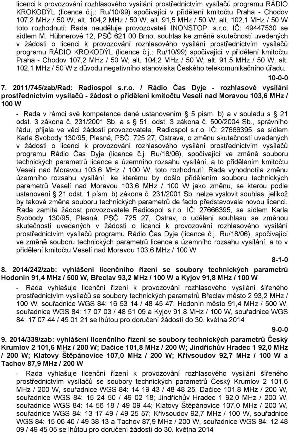 Hűbnerové 12, PSČ 621 00 Brno, souhlas ke změně skutečností uvedených v žádosti o  104,2 MHz / 50 W; alt. 91,5 MHz / 50 W; alt.
