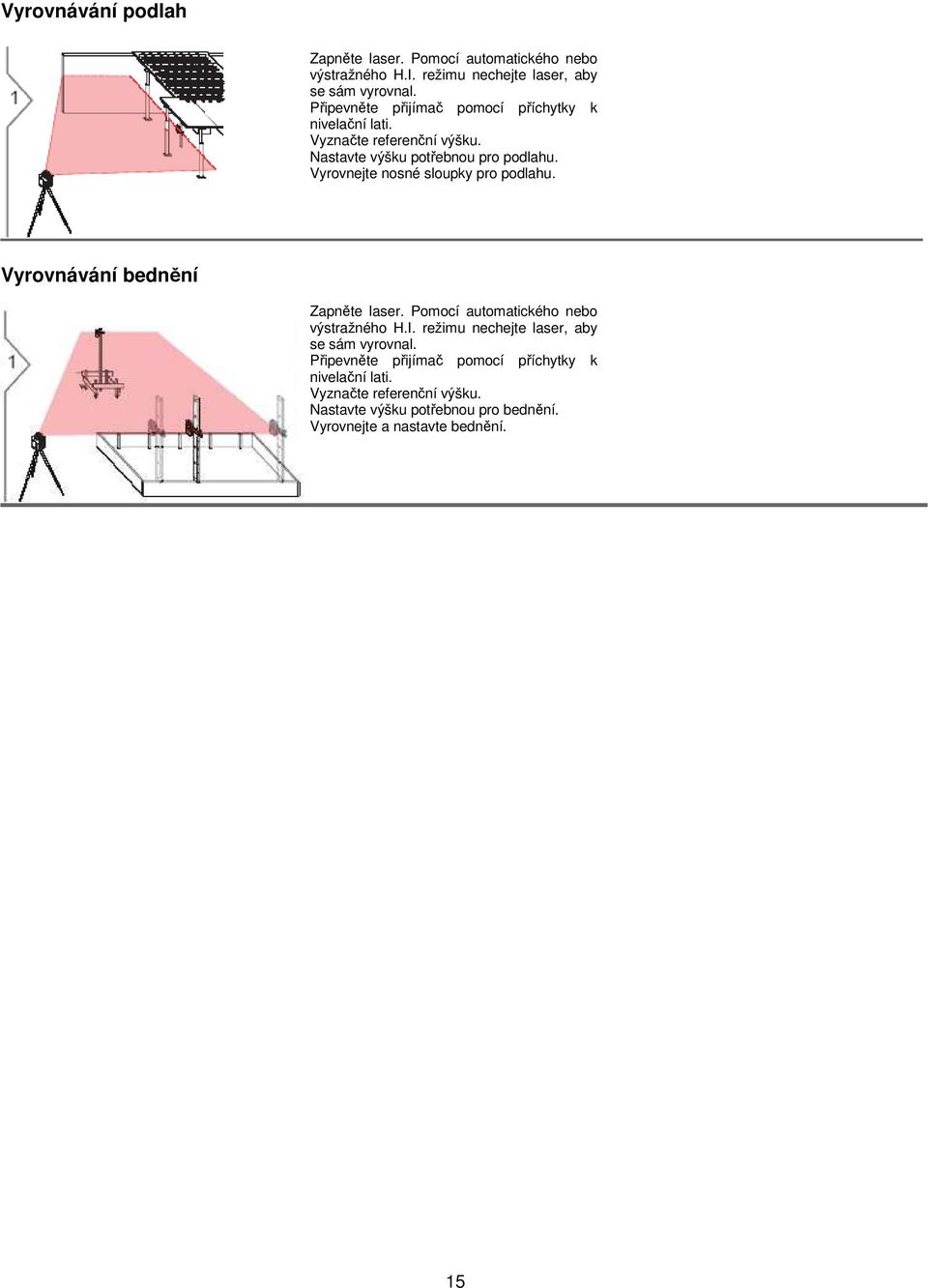 Vyrovnejte nosné sloupky pro podlahu. Vyrovnávání bednění Zapněte laser. Pomocí automatického nebo výstražného H.I.