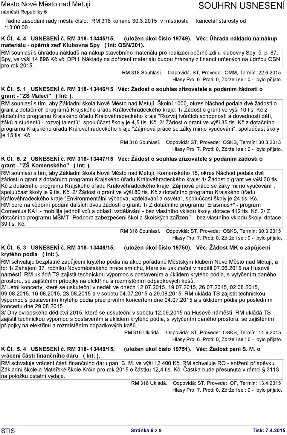 Náklady na pořízení materiálu budou hrazeny z financí určených na údržbu OSN pro rok 2015. RM 318 Souhlasí. Odpovídá: ST, Provede: OMM, Termín: 22.6.2015 K Čl. 5. 1 USNESENÍ č.