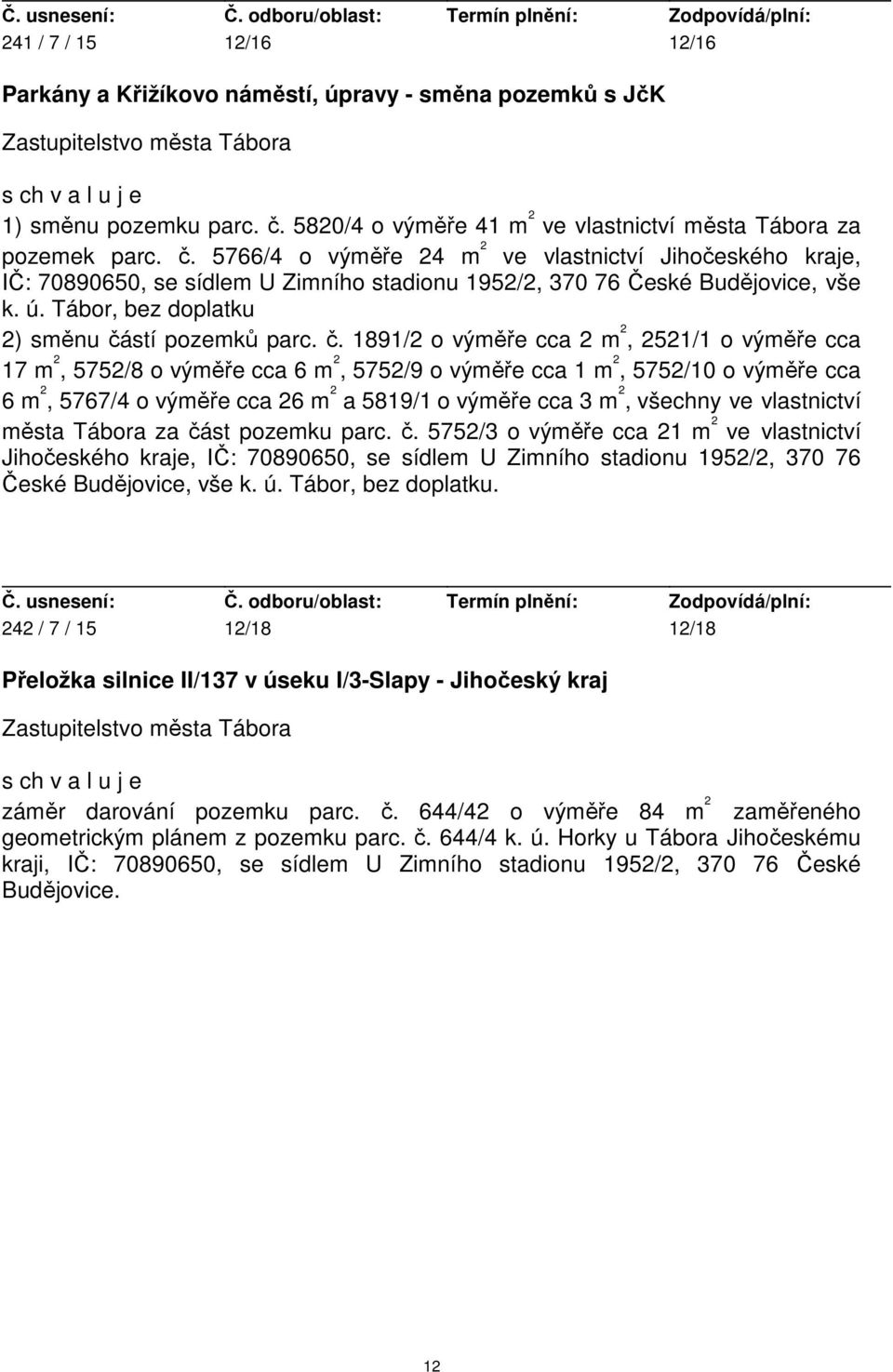 5766/4 o výměře 24 m 2 ve vlastnictví Jihočeského kraje, IČ: 70890650, se sídlem U Zimního stadionu 1952/2, 370 76 České Budějovice, vše k. ú. Tábor, bez doplatku 2) směnu čá