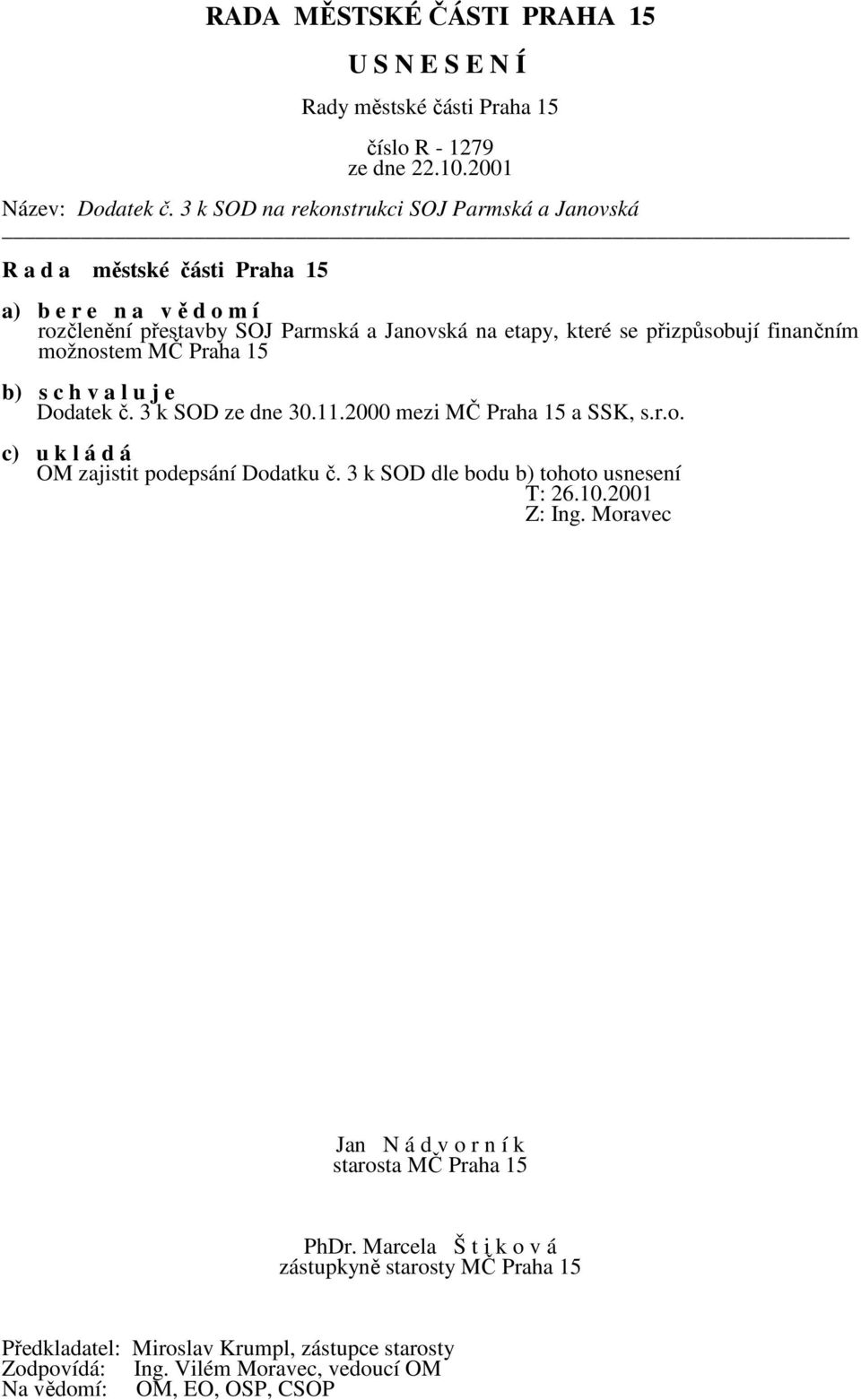 se přizpůsobují finančním možnostem MČ Praha 15 b) s c h v a l u j e Dodatek č. 3 k SOD ze dne 30.11.2000 mezi MČ Praha 15 a SSK, s.r.o. c) u k l á d á OM zajistit podepsání Dodatku č.