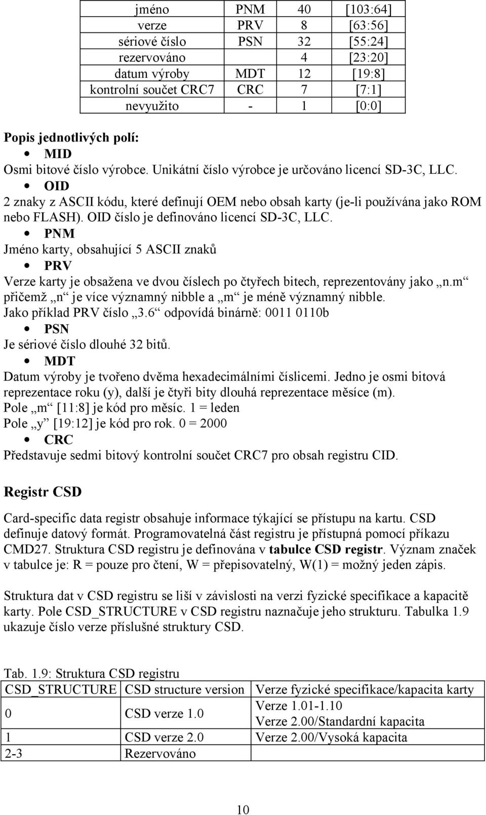 OID číslo je definováno licencí SD-3C, LLC. PNM Jméno karty, obsahující 5 ASCII znaků PRV Verze karty je obsažena ve dvou číslech po čtyřech bitech, reprezentovány jako n.