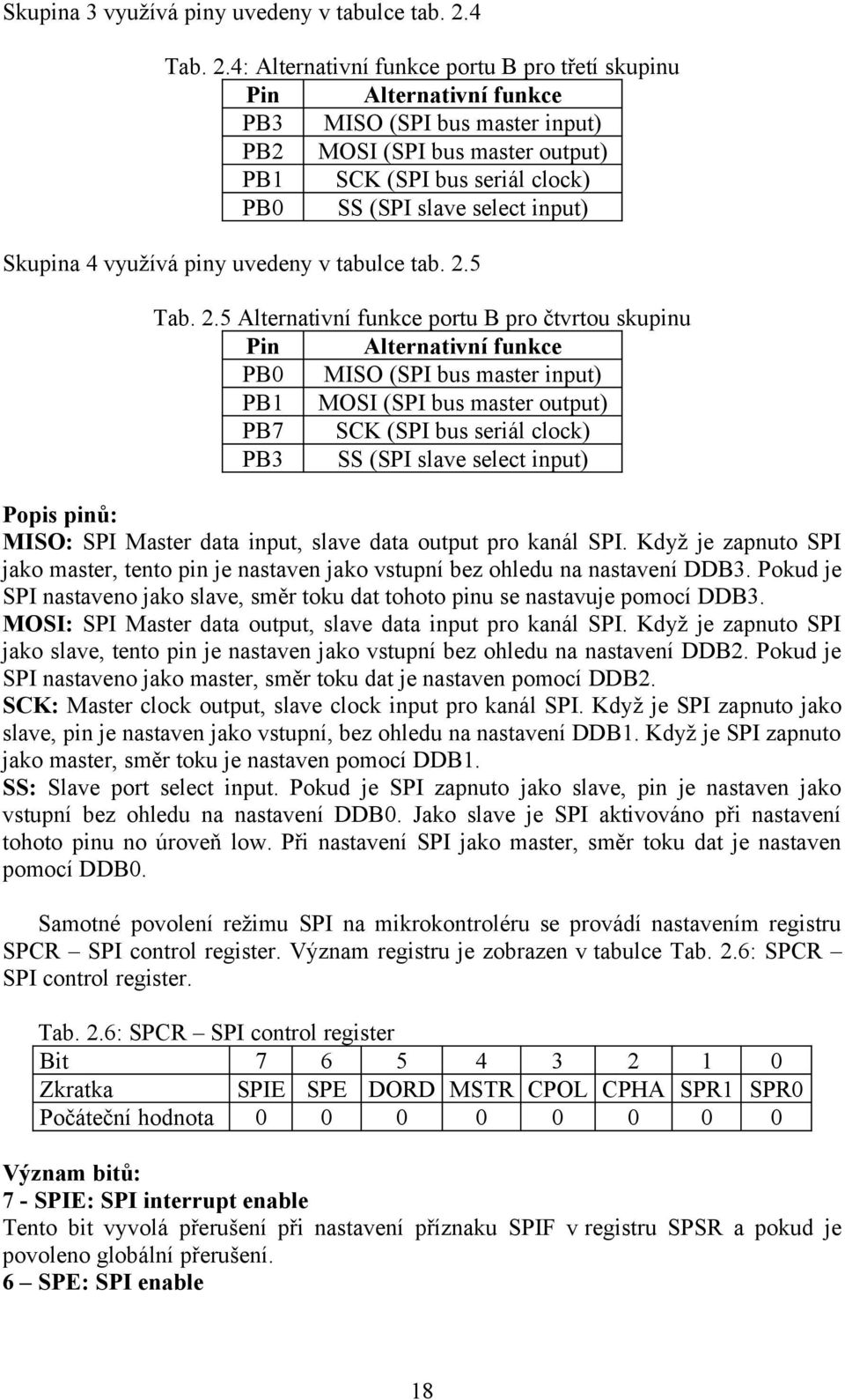 4: Alternativní funkce portu B pro třetí skupinu Pin Alternativní funkce PB3 MISO (SPI bus master input) PB2 MOSI (SPI bus master output) PB1 SCK (SPI bus seriál clock) PB0 SS (SPI slave select