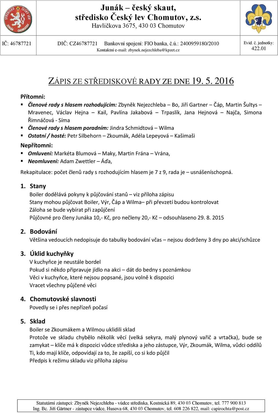 2016 Přítomni: Členové rady s hlasem rozhodujícím: Zbyněk Nejezchleba Bo, Jiří Gartner Čáp, Martin Šultys Mravenec, Václav Hejna Kail, Pavlína Jakabová Trpaslík, Jana Hejnová Najča, Simona Řimnáčová