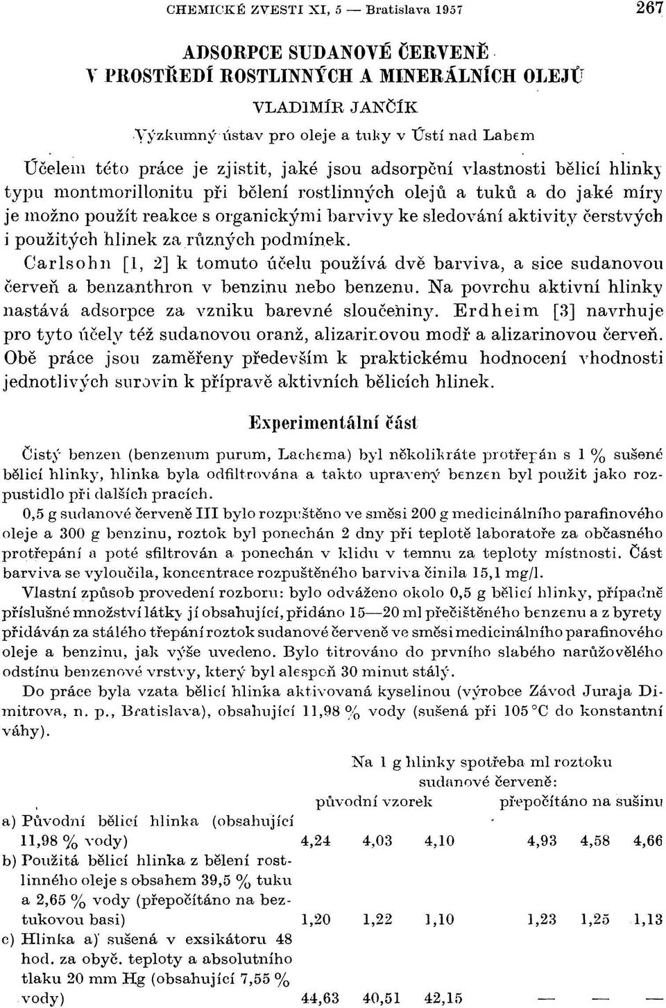 čerstvých i použitých hlinek za různých podmínek. Carlsohn [1, 2] к tomuto účelu používá dvě barviva, a sice sudanovou červeň a benzanthron v benzinu nebo benzenu.