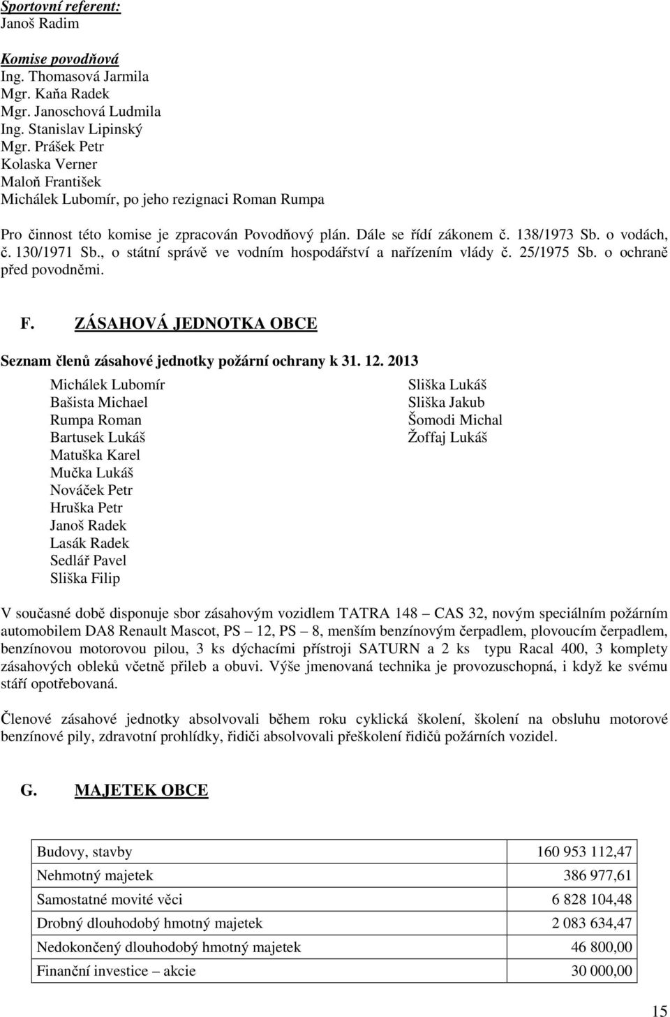 130/1971 Sb., o státní správě ve vodním hospodářství a nařízením vlády č. 25/1975 Sb. o ochraně před povodněmi. F. ZÁSAHOVÁ JEDNOTKA OBCE Seznam členů zásahové jednotky požární ochrany k 31. 12.