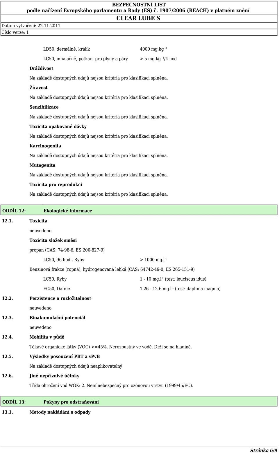 , Ryby > 1000 mg.l -1 Benzinová frakce (ropná), hydrogenovaná lehká (CAS: 64742-49-0, ES:265-151-9) LC50, Ryby EC50, Dafnie 1-10 mg.l -1 (test: leuciscus idus) 1.26-12.6 mg.