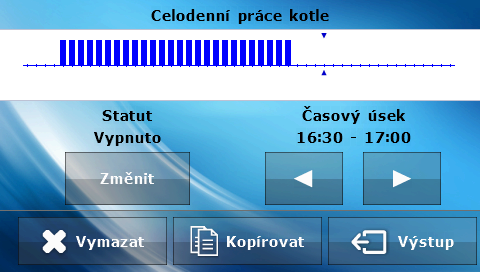 ST 280 návod k obsluze Provozní hodiny Po stlačení této ikony je možné stanovit, v kterých hodinách má kotel pracovat, a v kterých se má vypínat ( 30-minutové časové intervaly).