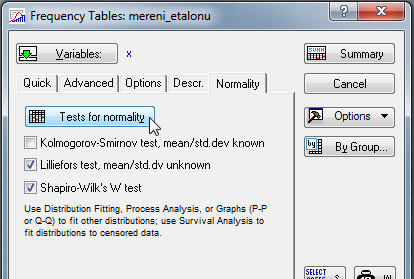 Pouze testové statistiky Statistiky ->Základní statistiky -> tabulky četností -> OK Jako proměnnou dát