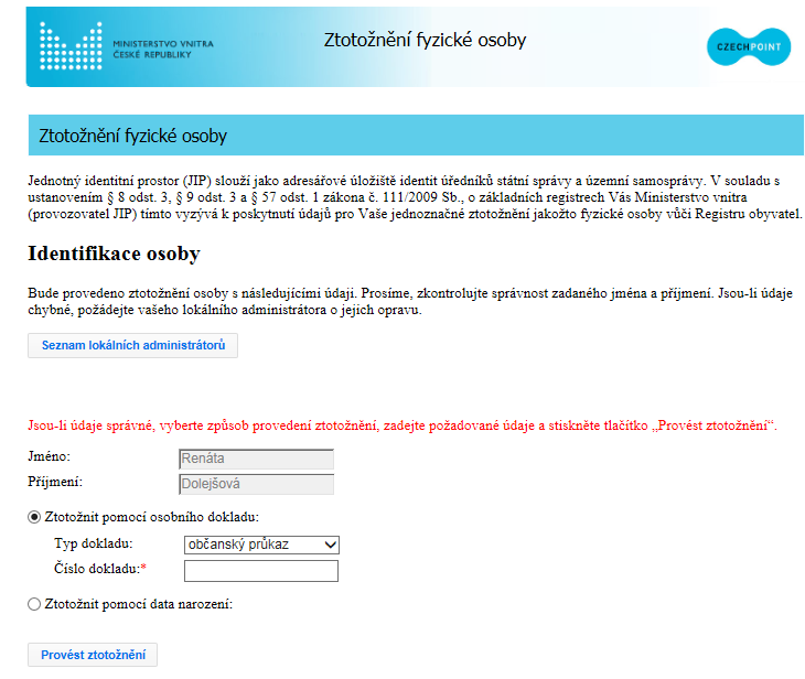 Obrázek 3: Ztotožnění na stránkách Czechpoint 5.