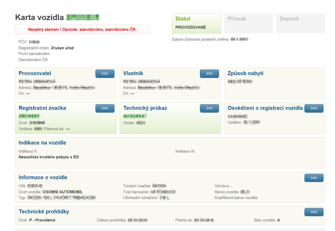 Obrázek 34 - CRV: Karta vozidla (zdroj: CRV, zpracování: vlastní) V Kartě vozidla si povšimněme si chyby: Neúplný záznam! Opravte: zaevidováno, zaevidováno ČR.