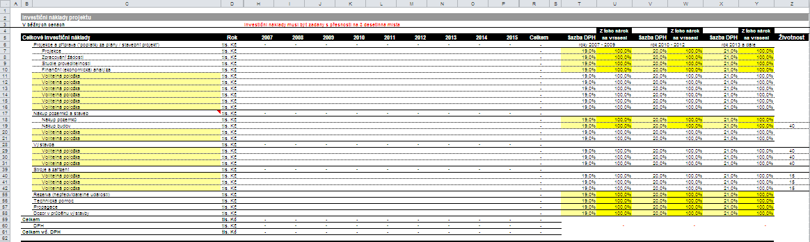 uvedené buňky dojde ke žlutému podbarvení řádku a následně je možné v jednotlivých letech realizace projektu promítnout investiční náklad k dané činnosti.