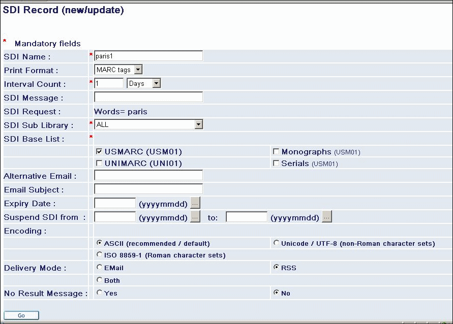 Obrazovka SDI Profily zobrazí všechny Profily SDI, které byly čtenářem nastaveny již dříve. Požadavky pro SDI mohou být také zapsány pomocí příkazového jazyka CCL (Common Command Language).