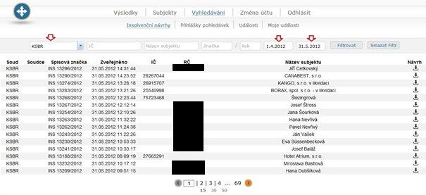 f) Vyhledávání dle soudu a data V aplikaci Monitoring rejstříku je možné vyhledávat subjekty v insolvenčním rejstříku, u nichž byl podán insolvenční návrh také na základě kombinací dvou a více filtrů.