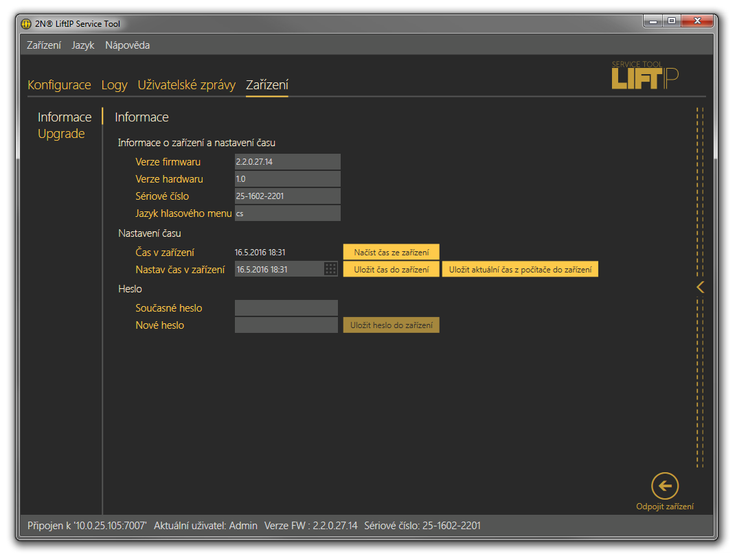 Menu Zařízení / Informace Poznámka Čas v zařízení 2N LiftIP není zálohován. Při výpadku napájení dojde ke ztrátě nastavení času.