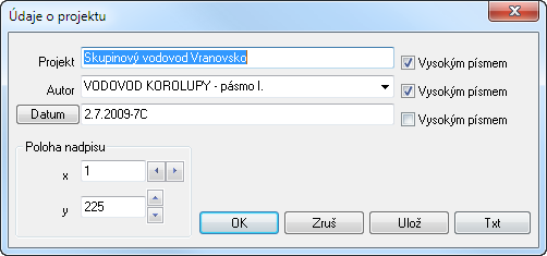 Kapitola 11 Údaje o projektu Okno slouží k zadání nadpisu výkresu ve třech řádcích.