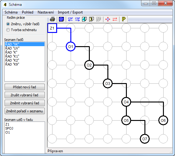 Kapitola 3 Panel schéma Topologii sítě je třeba vyjádřit sestavením schématu. Příprava schématu probíhá ve dvou krocích: tvorba schématu a zadání řadů.