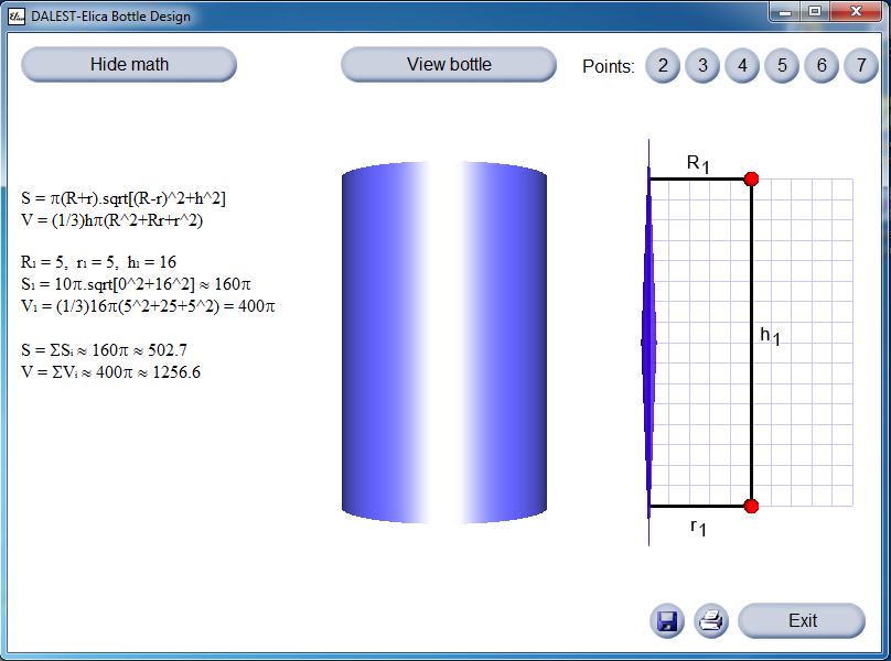 Obrázek 2: Bottle Design - zobrazení algebraického okna V algebraickém okně jsou v prvních dvou řádcích vzorce pro výpočet plochy a objemu.