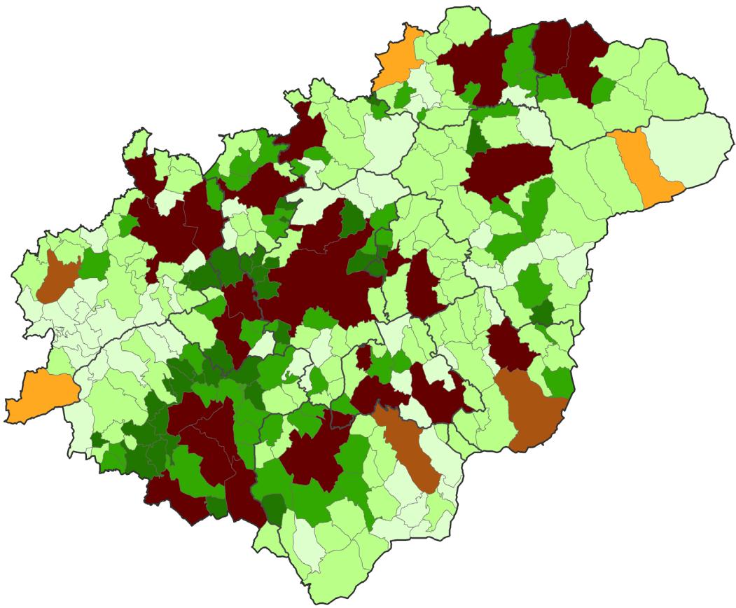 Nejvyšší podíl venkovských obcí je v okrese Kroměříž a Uherské Hradiště. Naopak absolutně nejmenší podíl obcí má správní obvod Rožnov pod Radhoštěm.