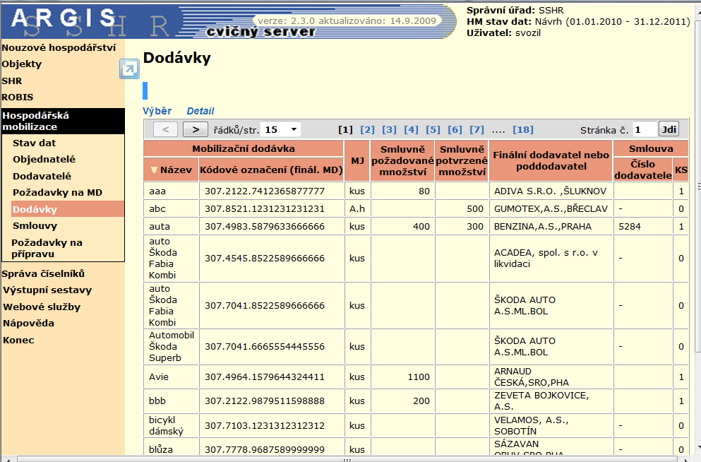 4.5 Dodávky Odkaz Dodávky na levé liště zobrazí stejnojmennou stránku obsahující přehled všech finálních mobilizačních dodávek (kdy odběratelem je objednatel, tzn.