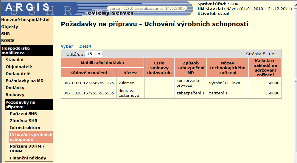 4.7.4 Požadavky na přípravu Uchování výrobních schopností Odkazem Uchování výrobních schopností na levé liště se zobrazí přehled všech požadavků na uchování výrobních schopností přiřazených k