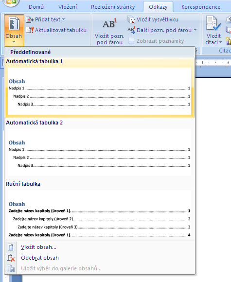 Odkazy automaticky generovaný obsah nutnost používat styly nadpisů!