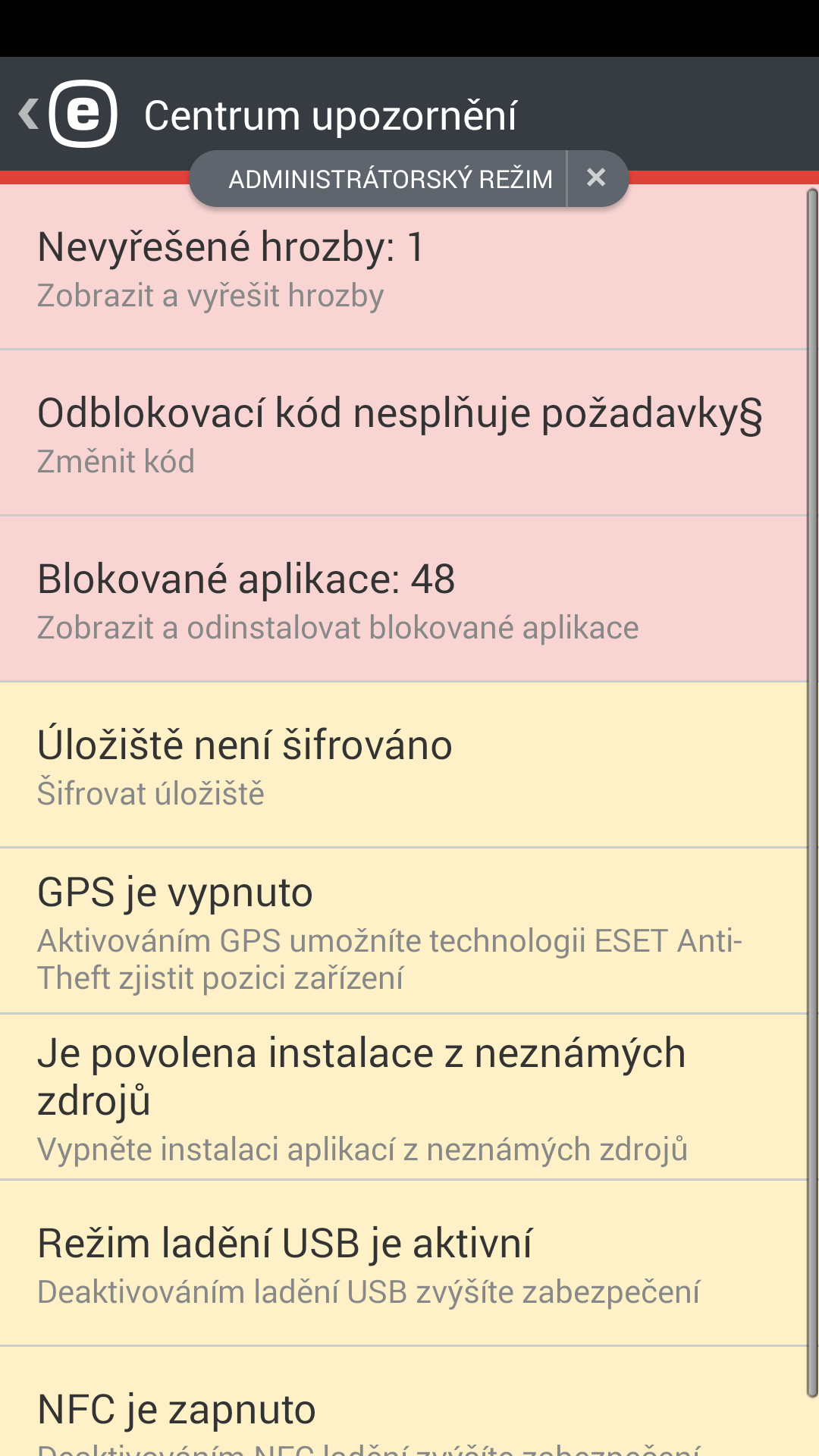 10.2 Upozornění na nastavení zařízení V rámci správy zařízení můžete jako administrátor sledovat důležitá nastavení zařízení stejně jako ve funkci Bezpečnostní audit v předchozí verzi programu.