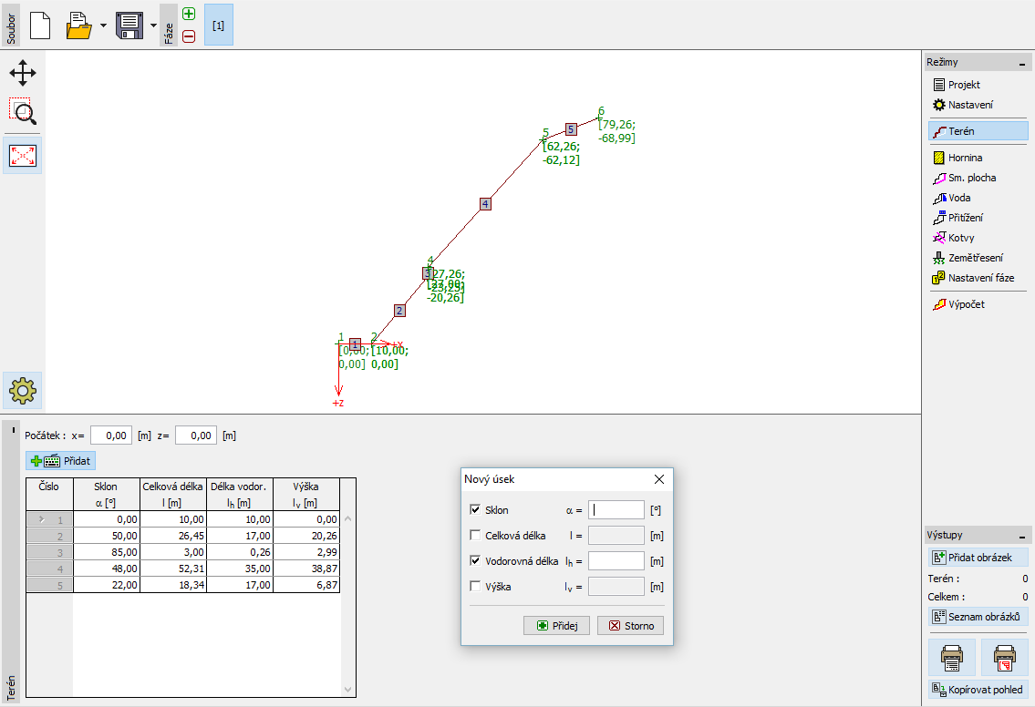 Na základě odečtení souřadnic bodů zlomů terénu z příčného řezu zadáme pomocí úseků terénu geometrii skalního svahu: Číslo úseku Sklon [ ] Celková délka l [m] Vodorovná délka l h [m] Výška l v [m] 1