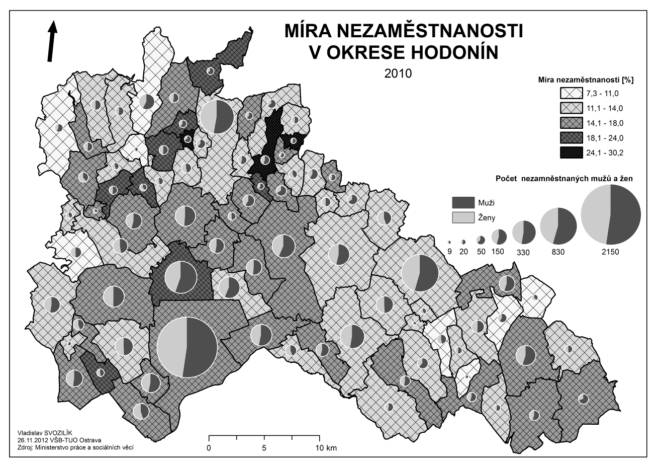 (např. řádek pro obec Sedliště odpovídá jednomu polygonu reprezentujícího území obce Sedliště). Každý sloupec v tabulce musí být pojmenovaný a definuje jednu vlastnost daného geoprvku (např.