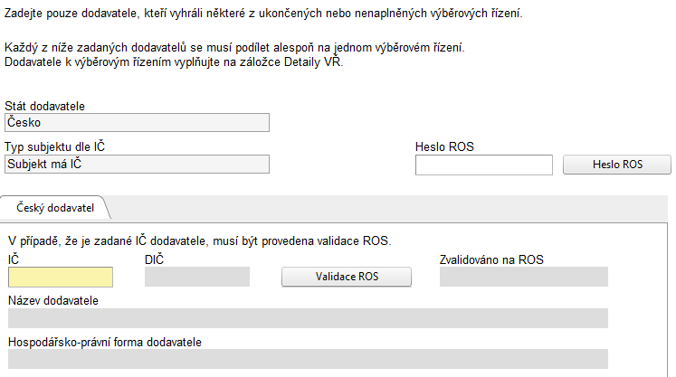 Zde je potřeba vybrat Stát dodavatele: V případě více výherních dodavatelů, je potřeba postupně každého dodavatele založit