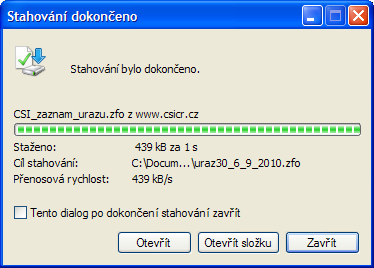 Daný formulář si uložte do svých dokumentů pod číslo záznamu a datu případu např. uraz30_6_9_2010.zfo viz. obrázek níže.