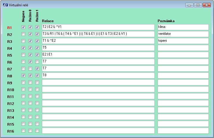 Programovatelný termostat Strana č. 6 z 9 Nastavení virtuálních relé Slouží k nastavení virtuálních relé.