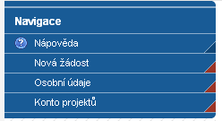 V levém uživatelském panelu jsou k dispozici základní nabídky: Nápověda, Nová žádost, Osobní údaje, Konto projektů. Nápověda stisknutím tlačítka se zobrazí popis konta žádostí.