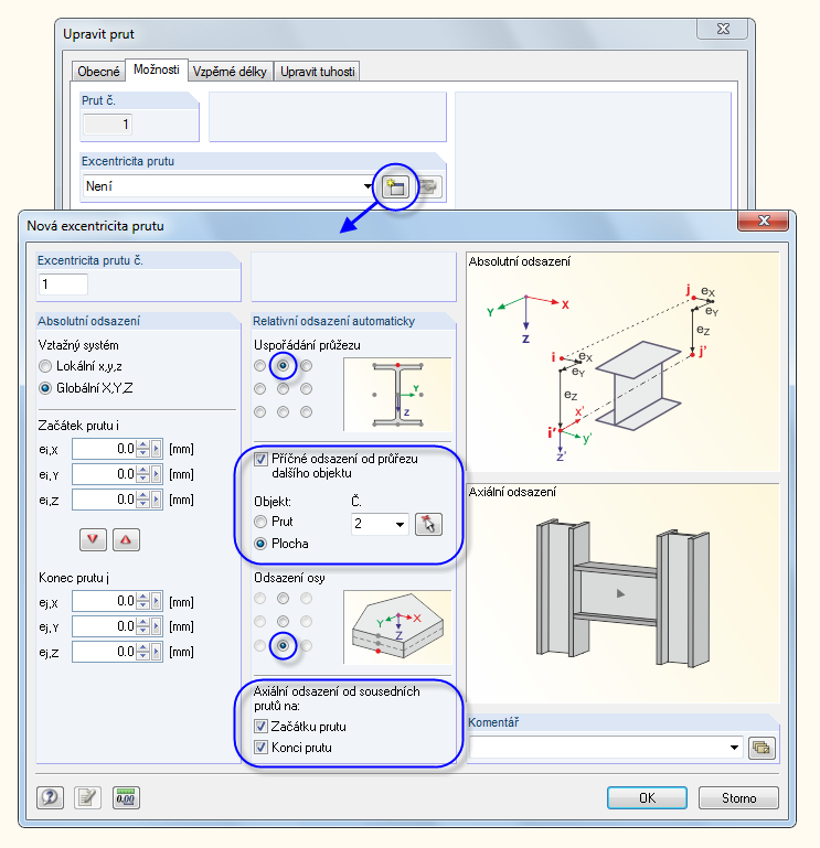 4 Údaje o konstrukci Obr. 4.25: přiřazení kloubu v dialogu Upravit prut 4.5.2 Excentricita Ocelový nosník připojíme na spodní stranu stropní desky excentricky.