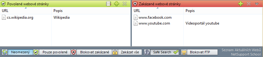 Po klepnutí na tlačítko + se zobrazí okno s řádky pro zadání webové adresy stránky, kterou chcete povolit nebo zakázat, možností zadání bližšího popisu a klíčových slov, které identifikují stránku v