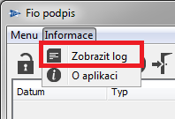 3.5 Historie komunikace (log) Obr. 9 Nahrání nového klíče Tlačítko Informace a dále Zobrazit log otevře další formulář, ve kterém je zaznamenána komunikace mezi aplikací Fio podpis a serverem Fio.