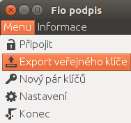 3.2.2 Vytvoření veřejného klíče: 1) Klikněte na - Menu -> Export veřejného klíče. 2) Zadejte heslo, které jste zvolili při vytvoření soukromého klíče. 3) Vyberte si soubor, kam uložíte veřejný klíč.